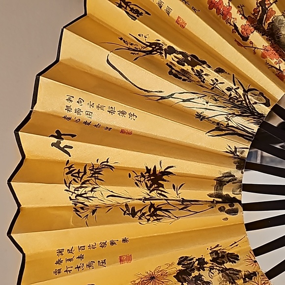 Vintage Large Ornamental Asian Decorative Folding Fan Hand Painted Fabric Wooden - Picture 3 of 4